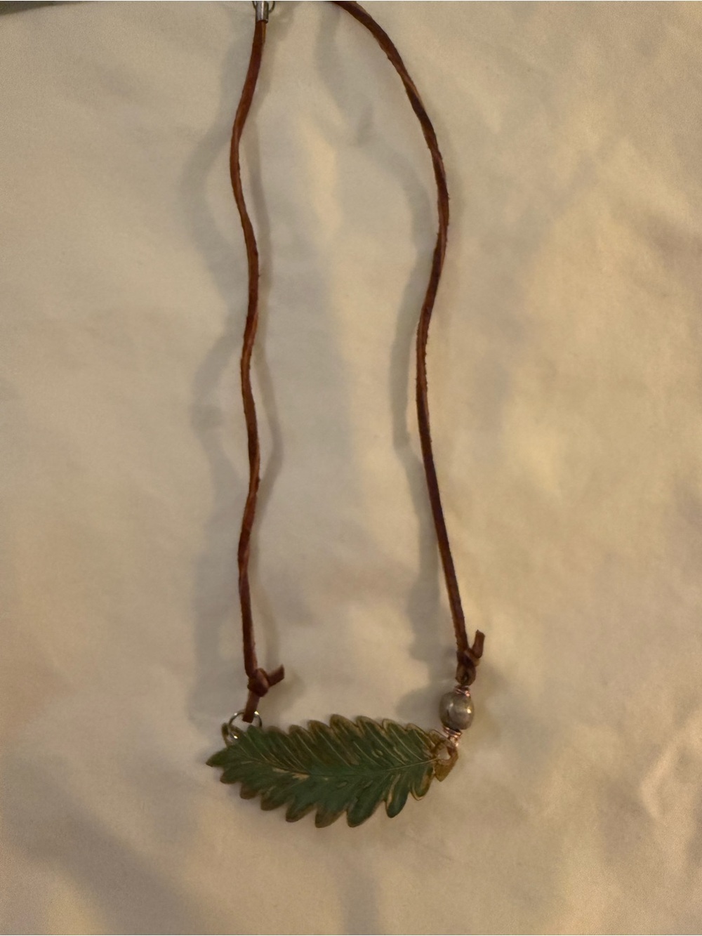 Artisan Green Leaf Pendant Necklace with Brown Learher Cord